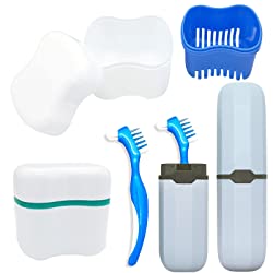Platonee Store Denture Case Kit, 2 Denture Bath Cups with 2 Denture Brush & 2 Portable Toothbrush Box